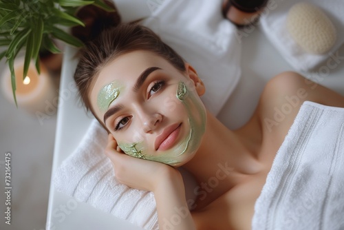 Skincare Model empowerment. Beautiful Woman uses face cream, anti aging, skin care products, ethylhexyl palmitate lip balm, lotion, aloe vera & eye patch. Natural acid jar hair trimming pot photo