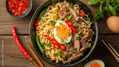 Ramen noodle soup with pork, egg and vegetables on wooden background. Top view