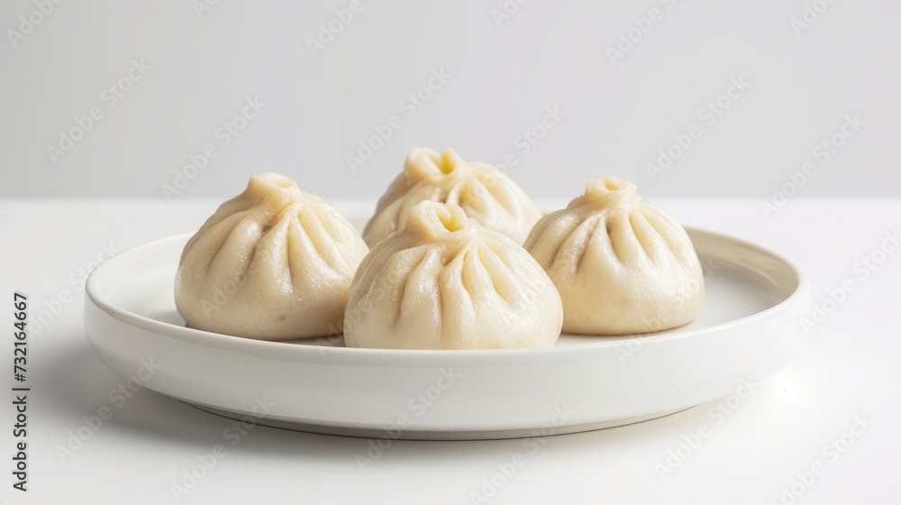 Three mini steamed pork bao on a white plate and white background