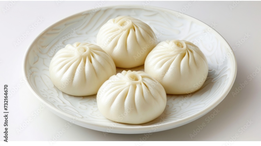 Three mini steamed pork bao on a white plate and white background Three mini steamed pork bao on a white plate and white background