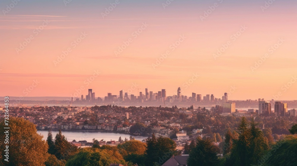 serene summer evening with a glowing sunset over a city skyline