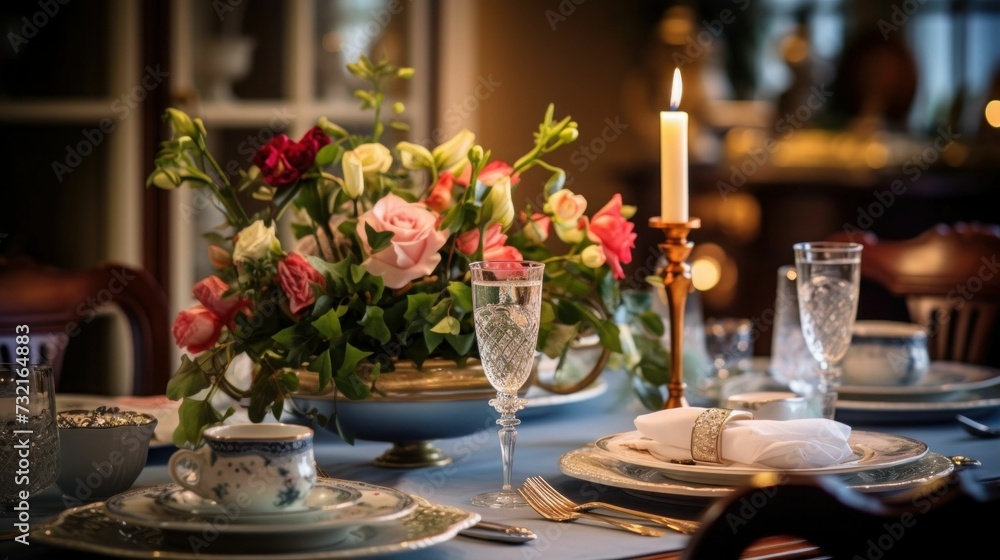 beautifully set dining table with elegant Mother's Day decorations