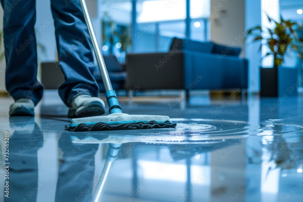 Professional cleaner cleaning the floor in an office room with a mop. Professional cleaner cleaning the floor in an office room with a mop.
