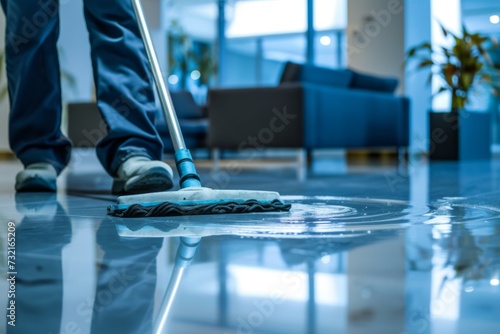 Professional cleaner cleaning the floor in an office room with a mop.