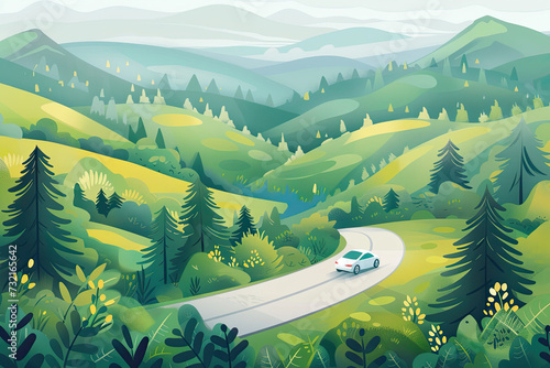 Electric Car Adventure: Eco-Friendly Travel on a Windy Road Through Vibrant Green Mountain Forests
