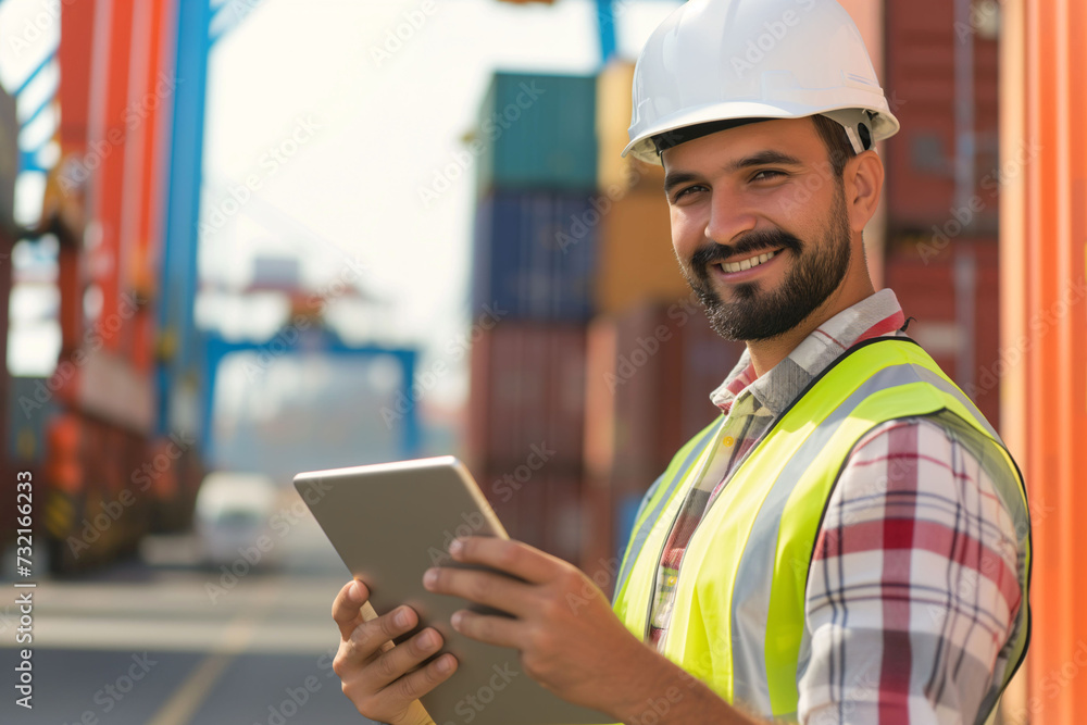 Professional male engineer in hard hat using digital tablet at a commercial shipping yard..