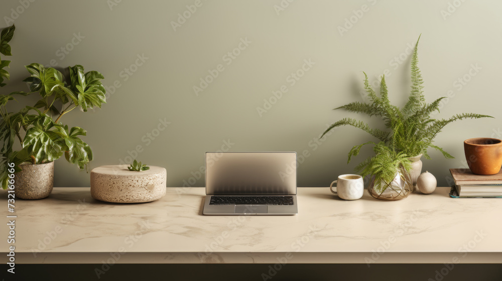 Modern office desk mockup with laptop, coffee cup, green plant - minimalist style and soft lighting Modern office desk mockup with laptop, coffee cup, green plant - minimalist style and soft lighting