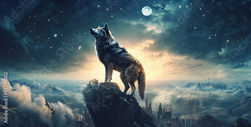 Wolf howling at the full moon.Wolf howling on the edge of the cliff. 3d rendering © Kashif Ali 72