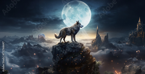 Wolf howling at the full moon.Wolf howling on the edge of the cliff. 3d rendering