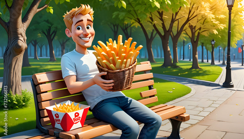 A 3D cartoon character holding a basket of fries