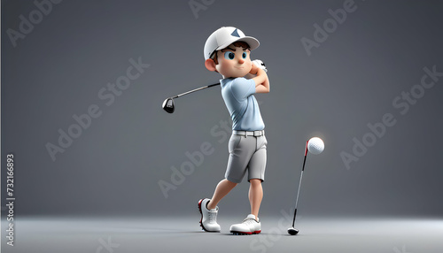 A 3D cartoon golfer character, swinging a club with precision on a clean grey background