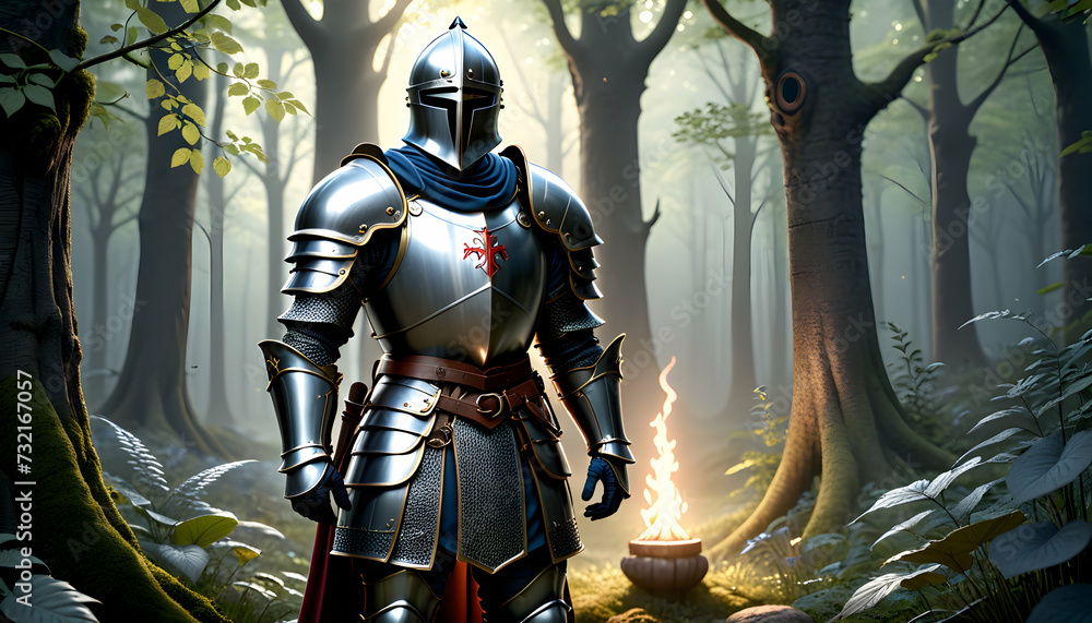 A 3D rendered cartoon character as a medieval knight, gallantly posing in a mystical forest