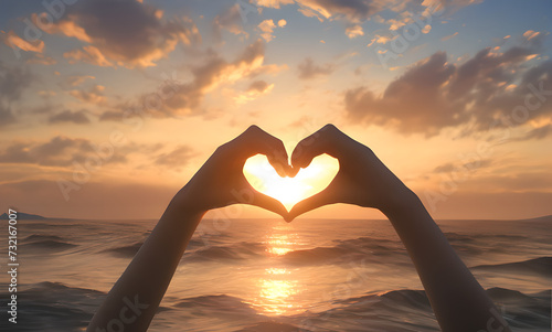 Happy person forming heart shape in front of sun in natural landscape. A person s hands forming a heart shape against the backdrop of the sunny sky  creating a joyous gesture amidst the natural