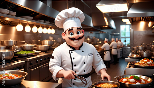 A 3D rendered cartoon character as a chef, skillfully preparing dishes in a bustling restaurant kitchen