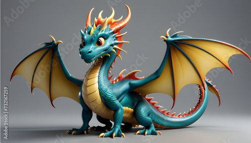 A 3D-rendered whimsical dragon  friendly and colorful  set against a grey backdrop