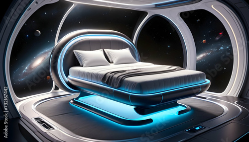 Bed floats in space, dreaming of interstellar adventures among stars