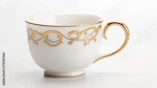 Elegant white porcelain cup with gold trim and ornate design