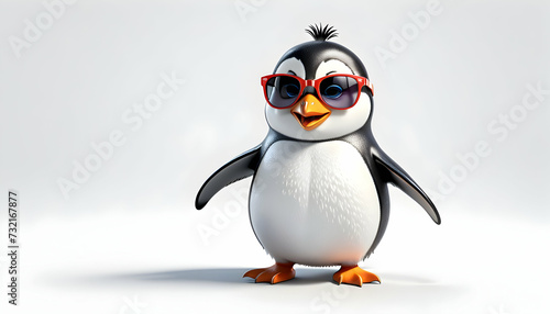 Cartoonish 3D rendering of a cheerful penguin on a white background, wearing sunglasses © Dragon Stock