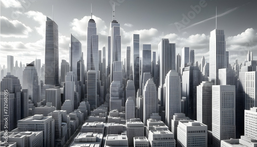 Grey and white cityscape as a backdrop for a 3D business character