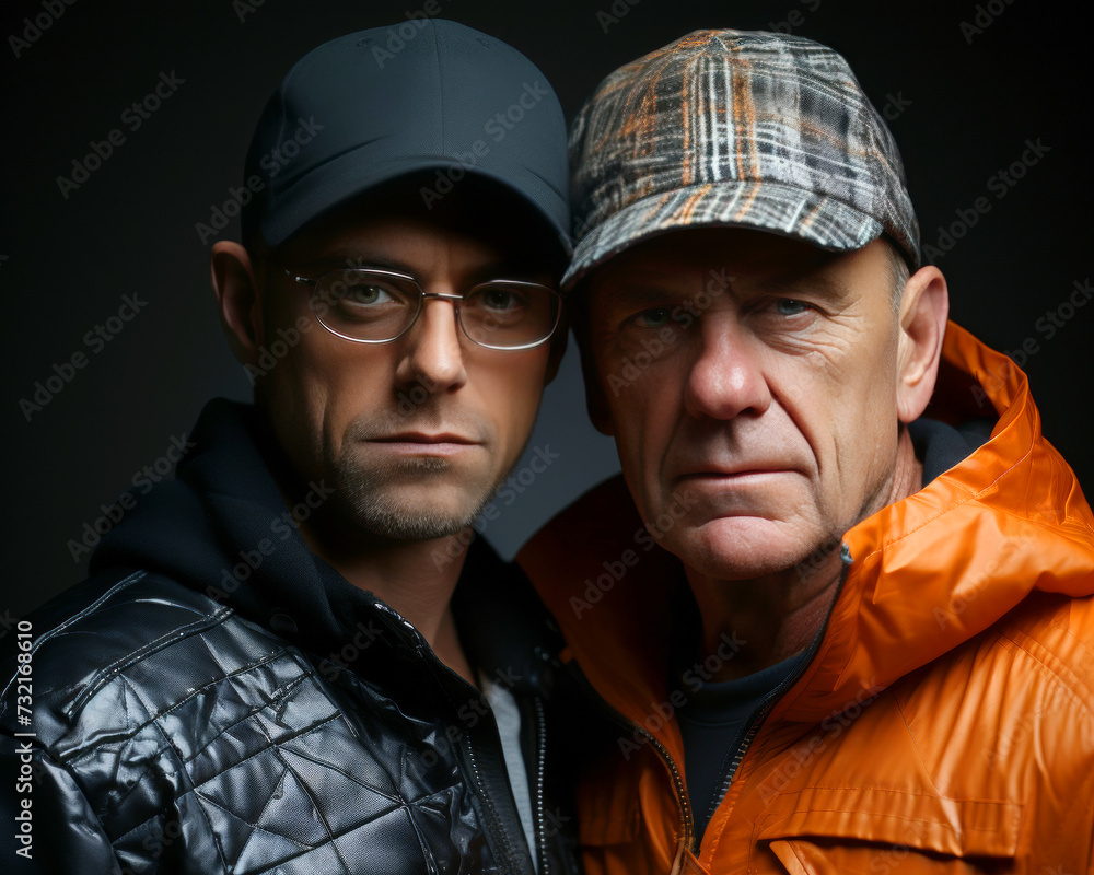Two men in casual attire,middle-aged with puffer jackets, caps, and direct eye contact Two men in casual attire,middle-aged with puffer jackets, caps, and direct eye contact