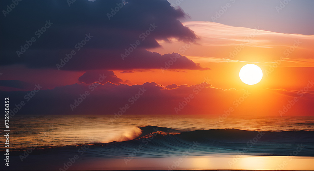 An afterglow at dusk displaying a red sky in a natural landscape. A breathtaking natural landscape unfolds as the sun sets over the ocean, casting an amber hue on the crashing waves under a red sky