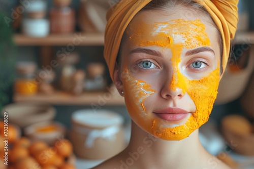 Skincare Model collagen boosting cream. Beautiful Woman uses face cream, vitamin c, skin care products, clean beauty lip balm, lotion & eye patch. Natural citrus lotion jar shellac manicure pot photo