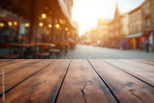Empty wooden table and blurred background of the street cafe with a bokeh image.