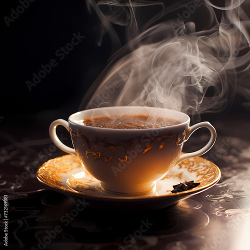 A close-up of a steaming cup of tea.