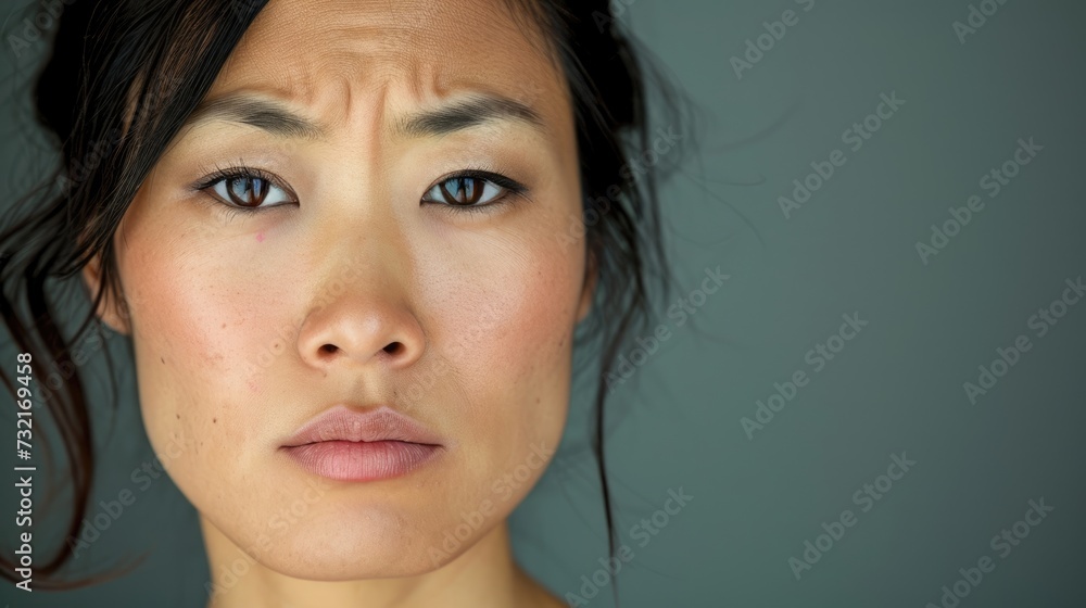 A woman of Asian descent her eyes narrowed and lips pulled into a sneer of irritation. A woman of Asian descent her eyes narrowed and lips pulled into a sneer of irritation.