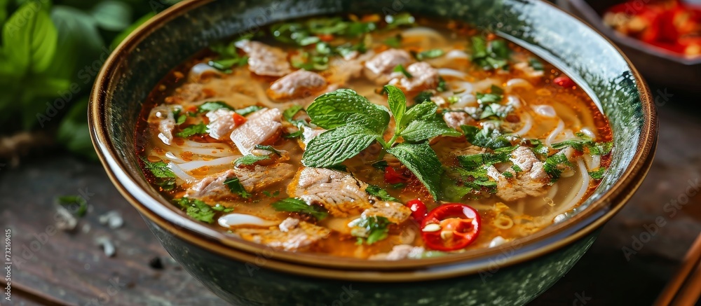 A delicious stew consisting of noodles, meat, and vegetables served in a bowl. This comforting dish combines various ingredients to create a hearty meal. A delicious stew consisting of noodles, meat, and vegetables served in a bowl. This comforting dish combines various ingredients to create a hearty meal.