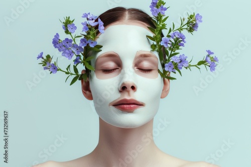 Skincare Model skin rejuvenating mask. Beautiful Woman uses face cream, palmoplantar pustulosis, skin care products, wrinkles lip balm, lotion & eye patch. Natural intensive jar hydrating mist pot photo