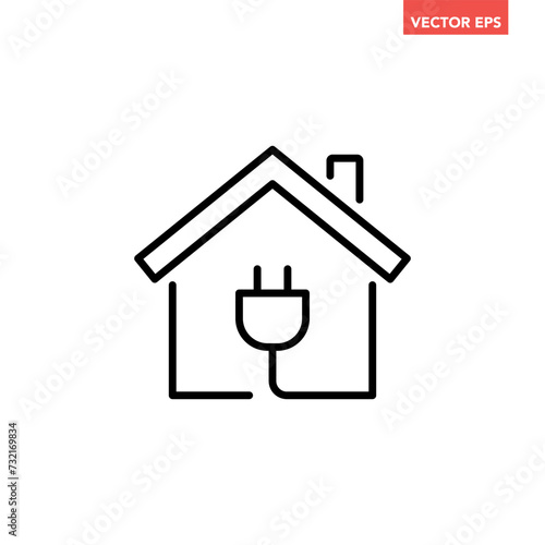 Black single house with power plug line icon, simple home cable wire flat design pictogram, infographic illustration for app logo web button ui ux interface elements isolated on white background