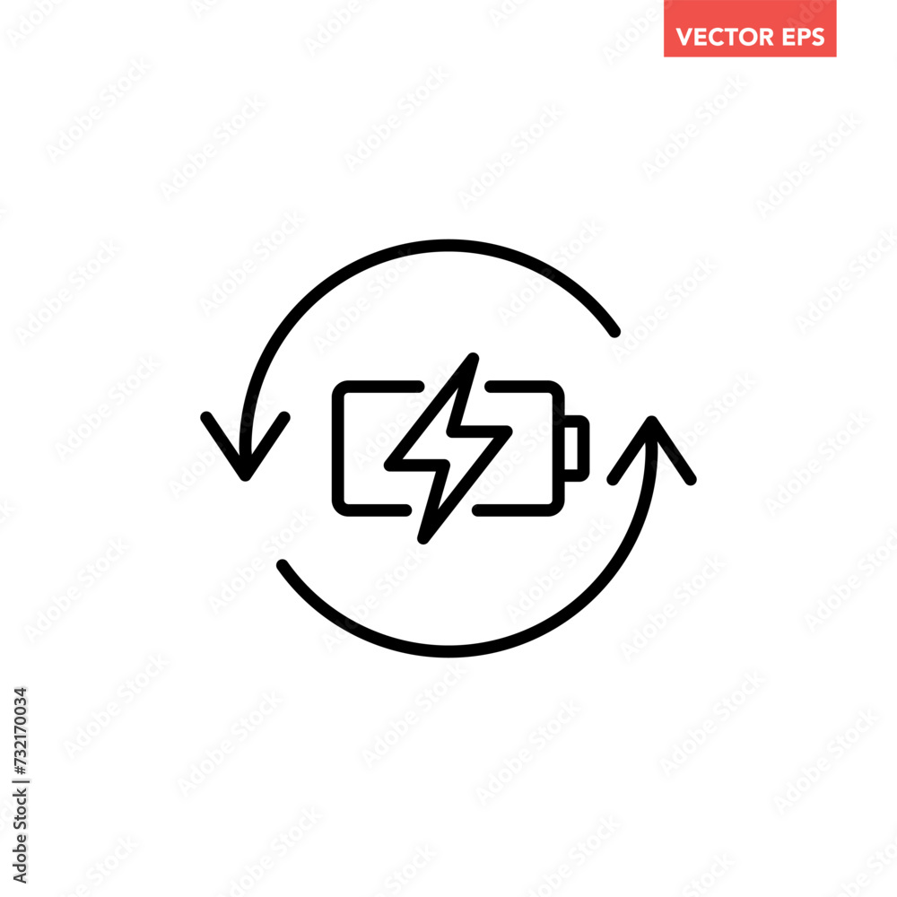 Black single recharge battery line icon, simple charging power with repeat arrow flat design pictogram, infographic illustration for app logo web button ui ux interface elements Black single recharge battery line icon, simple charging power with repeat arrow flat design pictogram, infographic illustration for app logo web button ui ux interface elements