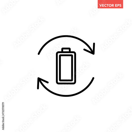 Black single recharge battery line icon, simple sustainable charging power with arrow rotation flat design pictogram, infographic illustration for app logo web button ui ux interface elements