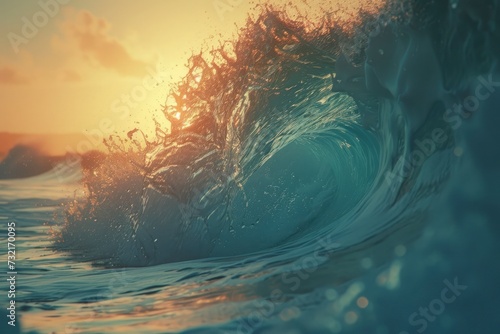a giant wave at sunset, vibrant and emotional scenery