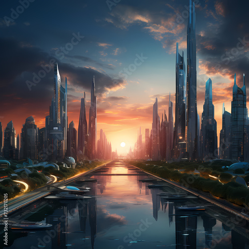 A futuristic cityscape at sunset.