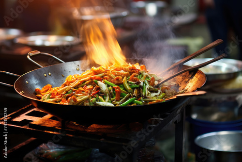 Wok cooking a traditional stir fry. Street food in South-East Asia