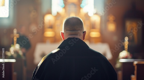Back view of an old priest praying in church