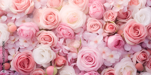 Beautiful pink roses flower blossom floral valentines day background Above view of bouquet of creamy pink roses. Enchanting Garden Haven An Abundance Of Pink Damask Roses With Lush Leaves Background. © sumia