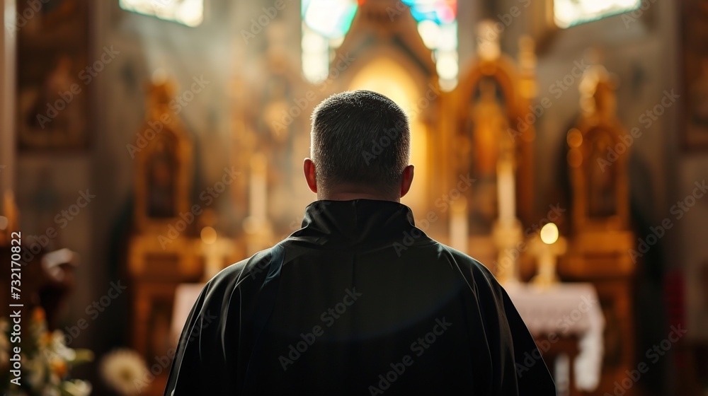 Back view of an old priest praying in church