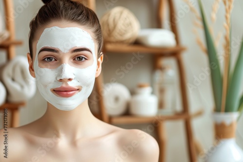 Skincare Model acne fighting cream. Beautiful Woman uses face cream, geometric, skin care products, beauty self confidence lip balm, lotion & eye patch. Natural almond oil jar protective packaging pot