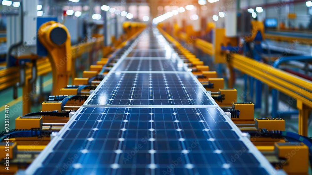 A solar panel production line in a modern factory to create renewable energy devices. Sustainable future in the innovation of clean and efficient energy production. A solar panel production line in a modern factory to create renewable energy devices. Sustainable future in the innovation of clean and efficient energy production.