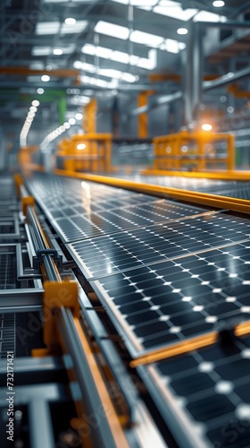 A solar panel production line in a modern factory to create renewable energy devices. Sustainable future in the innovation of clean and efficient energy production.