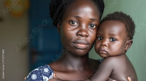 A single mother with HIV carrying her infant child in her arms and worrying about their future. photo