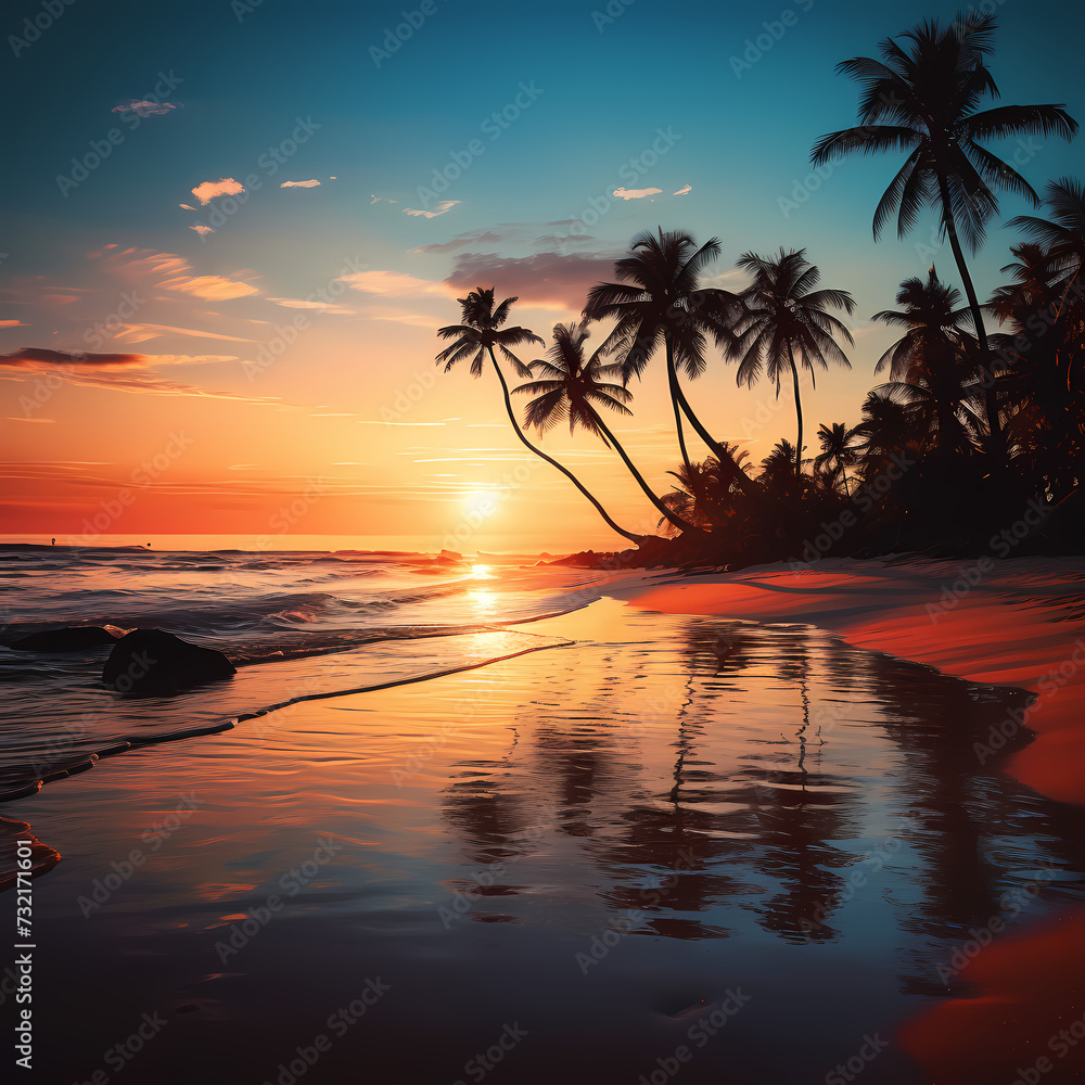 A serene beach at sunset with palm trees.