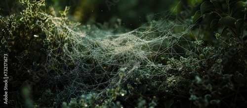 A spider web gracefully drapes from a tree branch amidst the dense woods, forming a delicate connection between the terrestrial plant and the natural landscape.