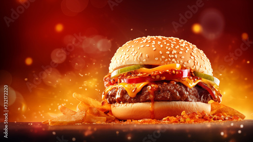 Closeup Of A Classic American Fast Food Burger. Single Quarter Pounder Burger With Bacon, Lettuce, Tomatoes And Cheese
