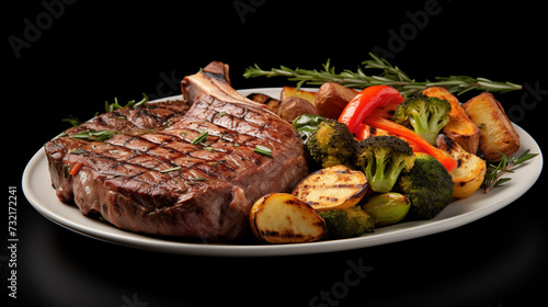 Perfectly Grilled T-Bone Steak And Seasoned Vegetables on a plate