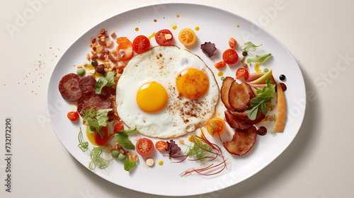 Gourmet Breakfast Eggs Sunny Side Up With Bacon And Roasted Vegetables Top View