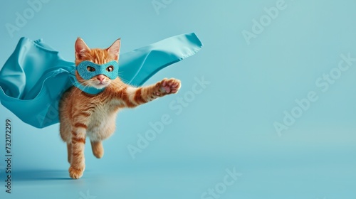 A cat with super hero cat concept flying against blue backdrop, Generative AI. © Noobs